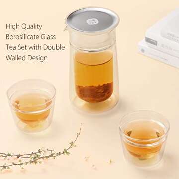 ZENS Travel Tea Set Glass, Portable Teapot Infuser Set for Loose Tea, 160ml Double Wall Tea Pot and 2 Teacup with Eva Case for Travel Picnic or Gif,Yellow