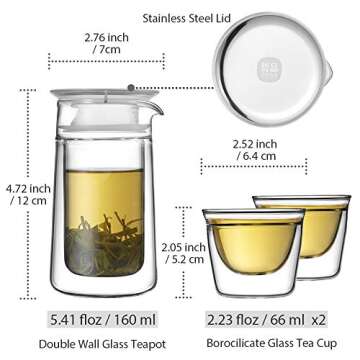 ZENS Travel Tea Set Glass, Portable Teapot Infuser Set for Loose Tea, 160ml Double Wall Tea Pot and 2 Teacup with Eva Case for Travel Picnic or Gif,Yellow