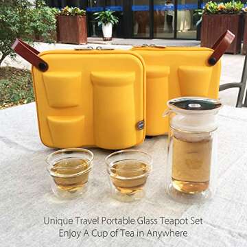 ZENS Travel Tea Set Glass, Portable Teapot Infuser Set for Loose Tea, 160ml Double Wall Tea Pot and 2 Teacup with Eva Case for Travel Picnic or Gif,Yellow