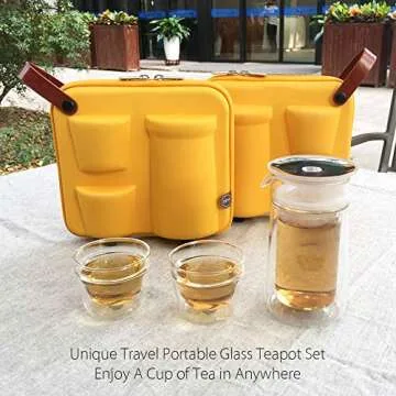 ZENS Travel Tea Set Glass, Portable Teapot Infuser Set for Loose Tea, 160ml Double Wall Tea Pot and 2 Teacup with Eva Case for Travel Picnic or Gif,Yellow