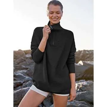 ANRABESS Women Quarter Zip Oversized Casual Loose Rib Knit Cozy Pullover Sweaters Top 2024 Fall Fashion Outfits Clothes Black Large