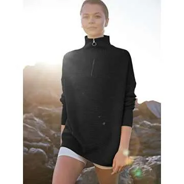 ANRABESS Women Quarter Zip Oversized Casual Loose Rib Knit Cozy Pullover Sweaters Top 2024 Fall Fashion Outfits Clothes Black Large