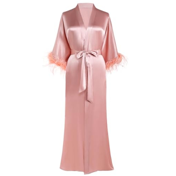 PRODESIGN Satin Kimono Robe Long Silky Bath Robe with Ostrich Feather Trim Sleepwear Wedding Bridesm...