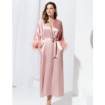 Luxury PRODESIGN Satin Kimono Robe with Feather Trim