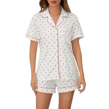 MOBJVIY Womens 2 Piece Pajamas Shorts Set Valentine Love Heart Print Short Sleeve Button Shirt&Short...