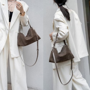 DONNAIN Premium Suede Leather Crossbody Bags for Women, Slouchy Suede Shoulder Bag with Adjustable Strap and Tote Handbag (Taupe)