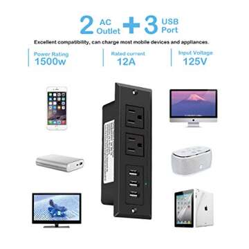 Furniture Recessed Power Strip, Recessed Desk Outlet with 3.1A Max USB, in Conference Desk Recessed Power Outlets Socket, Desktop Power Grommet with 6.56ft Power Cord Black