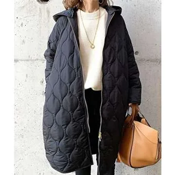 Sexyshine Women's Diamond Quilted Jacket Zipper Up Hooded Long Lightweight Padding Down Coat with Pockets,23918BL