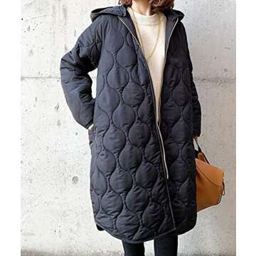 Sexyshine Women's Diamond Quilted Jacket Zipper Up Hooded Long Lightweight Padding Down Coat with Pockets,23918BL