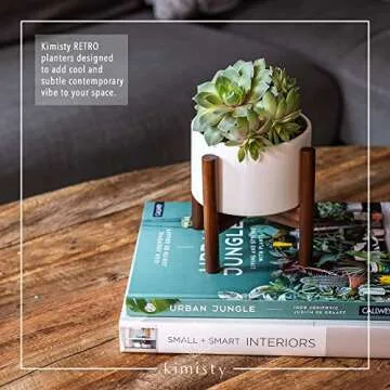 kimisty 5 inch Set of 2 Mid Century Modern Succulent Flower Pots with Wood Stands, Hidden Saucers, White Ceramic, Shelf Decor, Cactus Containers with Drainage (Plants Not Included)