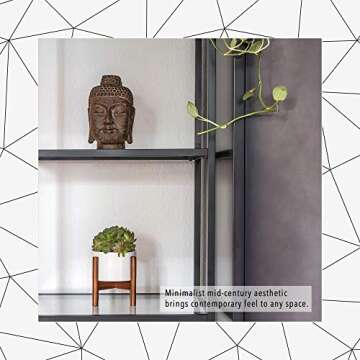 kimisty 5 inch Set of 2 Mid Century Modern Succulent Flower Pots with Wood Stands, Hidden Saucers, White Ceramic, Shelf Decor, Cactus Containers with Drainage (Plants Not Included)