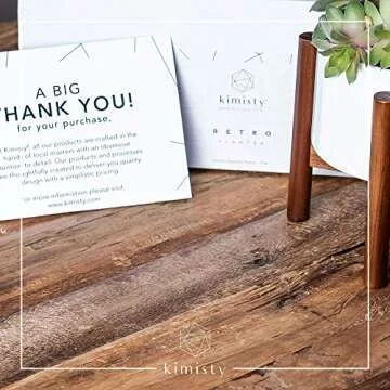 kimisty 5 inch Set of 2 Mid Century Modern Succulent Flower Pots with Wood Stands, Hidden Saucers, White Ceramic, Shelf Decor, Cactus Containers with Drainage (Plants Not Included)