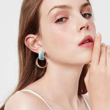 Spotmart Rose Gold Earrings with Pink Opal, Hoop Earrings for Women, Drop Dangle Earrings for Women Trendy, Fashion Statement Jewelry Gift