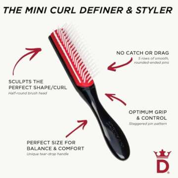 Denman Curly Hair Brush D14 (Black) 5 Row Styling Brush for Detangling, Separating, Shaping and Defining Curls, Fringes & Bangs - For Women and Men
