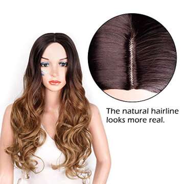 AISI QUEENS Ombre Wigs Long Curly Middle Part Wig 2 Tone Reddish Brown Wavy Wigs for Women Synthetic Heat Resistant Cosplay Daily Wigs Natural Looking