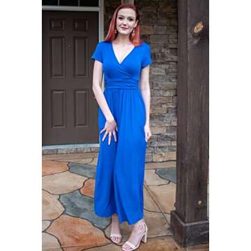 OUGES Womens Short Sleeve V-Neck Wrap Waist Maxi Dress(Royal Blue394,S)