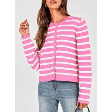 PRETTYGARDEN Winter Womens Cardigan Sweaters Button Down Open Front Long Sleeve Chunky Knit Shirt Dressy Casual Outerwear (Striped Pink,Large)