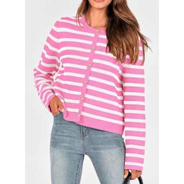PRETTYGARDEN Winter Womens Cardigan Sweaters Button Down Open Front Long Sleeve Chunky Knit Shirt Dressy Casual Outerwear (Striped Pink,Large)