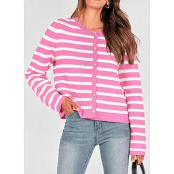 PRETTYGARDEN Winter Womens Cardigan Sweaters Button Down Open Front Long Sleeve Chunky Knit Shirt Dressy Casual Outerwear (Striped Pink,Large)