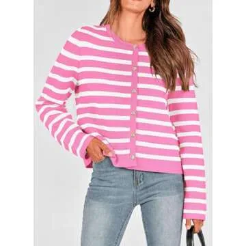 PRETTYGARDEN Winter Womens Cardigan Sweaters Button Down Open Front Long Sleeve Chunky Knit Shirt Dressy Casual Outerwear (Striped Pink,Large)