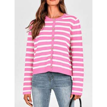 PRETTYGARDEN Winter Womens Cardigan Sweaters Button Down Open Front Long Sleeve Chunky Knit Shirt Dressy Casual Outerwear (Striped Pink,Large)