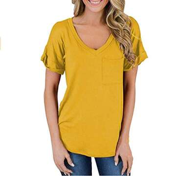 XJSGS Womens Plus Size Shirts Casual V Neck Short Sleeve Tops Blouse with Pocket,Yellow,L