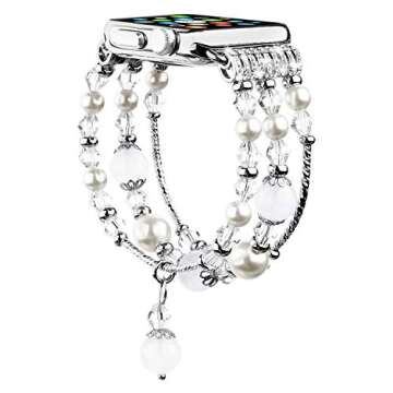 TOMAZON Bracelet Band Compatible for Apple Watch Band 38mm 40mm 41mm Series SE 7 6 5 4 3 2 1, Fashion Handmade Elastic Dressy Crystal Pearl iWatch Wristband for Women, White