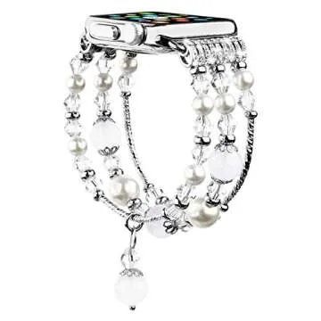TOMAZON Bracelet Band Compatible for Apple Watch Band 38mm 40mm 41mm Series SE 7 6 5 4 3 2 1, Fashion Handmade Elastic Dressy Crystal Pearl iWatch Wristband for Women, White