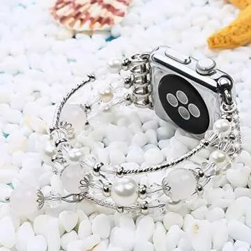 TOMAZON Bracelet Band Compatible for Apple Watch Band 38mm 40mm 41mm Series SE 7 6 5 4 3 2 1, Fashion Handmade Elastic Dressy Crystal Pearl iWatch Wristband for Women, White