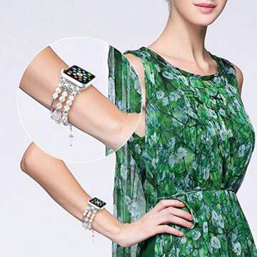 TOMAZON Bracelet Band Compatible for Apple Watch Band 38mm 40mm 41mm Series SE 7 6 5 4 3 2 1, Fashion Handmade Elastic Dressy Crystal Pearl iWatch Wristband for Women, White