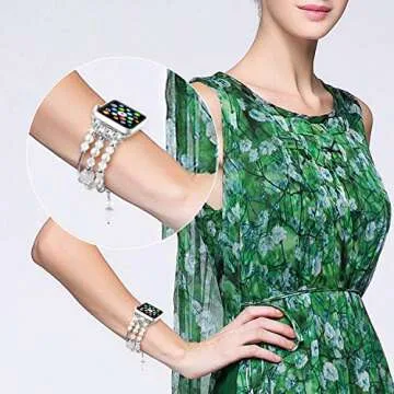 TOMAZON Bracelet Band Compatible for Apple Watch Band 38mm 40mm 41mm Series SE 7 6 5 4 3 2 1, Fashion Handmade Elastic Dressy Crystal Pearl iWatch Wristband for Women, White