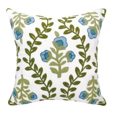 Alysheer Floral Embroidered Summer Decorative Throw Pillow Cover 18"x 18", Farmhouse Cottage Blue Fl...
