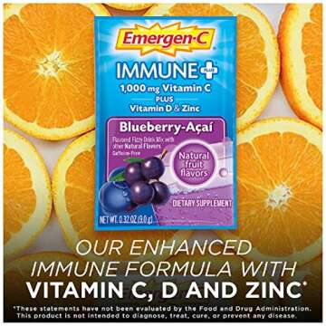 Emergen-C Immune+ 1000mg Vitamin C Powder, with Vitamin D, Zinc, Antioxidants and Electrolytes for Immunity, Immune Support Dietary Supplement, Blueberry Acai Flavor - 10 Count
