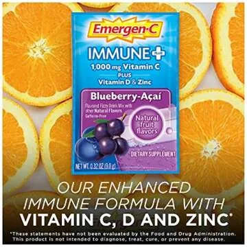 Emergen-C Immune+ 1000mg Vitamin C Powder, with Vitamin D, Zinc, Antioxidants and Electrolytes for Immunity, Immune Support Dietary Supplement, Blueberry Acai Flavor - 10 Count