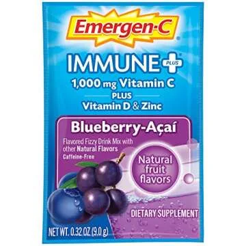 Emergen-C Immune+ 1000mg Vitamin C Powder, with Vitamin D, Zinc, Antioxidants and Electrolytes for Immunity, Immune Support Dietary Supplement, Blueberry Acai Flavor - 10 Count