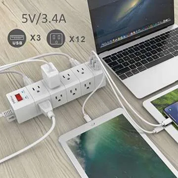 Surge Protector, POWSAF Power Strip with 12-Outlet(3-Sided) and 3 USB Ports(5V/3.4A, 17W), 6-Ft(1875W/15A) Heavy Duty Extension Cord, ETL Listed, White