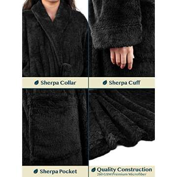 PAVILIA Premium Womens Plush Soft Robe Fluffy, Warm, Fleece Sherpa Shaggy Bathrobe (L/XL, Black)