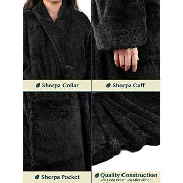 PAVILIA Premium Womens Plush Soft Robe Fluffy, Warm, Fleece Sherpa Shaggy Bathrobe (L/XL, Black)