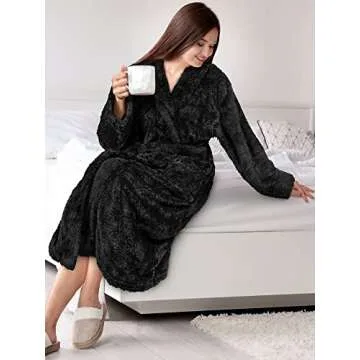 PAVILIA Premium Womens Plush Soft Robe Fluffy, Warm, Fleece Sherpa Shaggy Bathrobe (L/XL, Black)