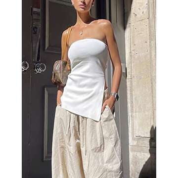 KAMISSY Womens Sexy Asymmetrical Split Hem Long Knit Bandeau Tube Top Solid Slim Strapless Sleeveless Tube Tops White M