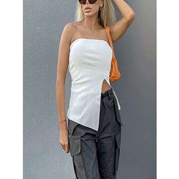 KAMISSY Womens Sexy Asymmetrical Split Hem Long Knit Bandeau Tube Top Solid Slim Strapless Sleeveless Tube Tops White M