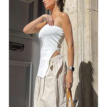 KAMISSY Womens Sexy Asymmetrical Split Hem Long Knit Bandeau Tube Top Solid Slim Strapless Sleeveless Tube Tops White M