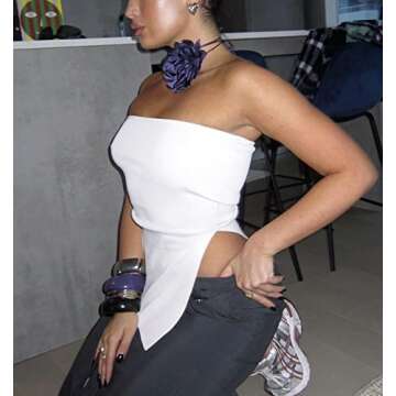 KAMISSY Womens Sexy Asymmetrical Split Hem Long Knit Bandeau Tube Top Solid Slim Strapless Sleeveless Tube Tops White M