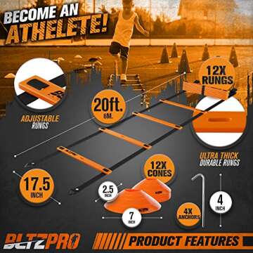 Bltzpro Football & Soccer Training Equipment - 12 Cones & 20 ft Agility Ladder speed Practice kit fo...