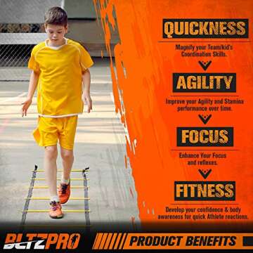 Bltzpro Football & Soccer Training Equipment - 12 Cones & 20 ft Agility Ladder speed Practice kit for Kids and coaches - Conditioning & footwork workout gear -With 2 Bags & Agility Drills eBook-orange