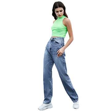 SweatyRocks Women's Casual Boyfriend Jeans High Rise Denim Pants with Pocket Blue L