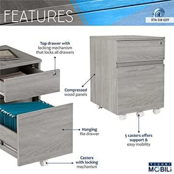 Techni Mobili 2 Drawer Rolling Filing Cabinet with Lock