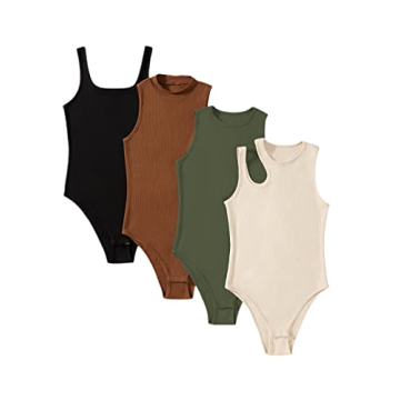 MakeMeChic Women's 4 Piece Sexy Bodysuits Casual Solid Sleeveless Ribbed Knit Shapewear Tank Top Bod...