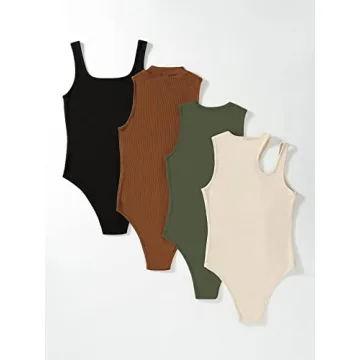 MakeMeChic Women's 4 Piece Casual Ribbed Bodysuits