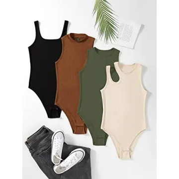 MakeMeChic Women's 4 Piece Casual Ribbed Bodysuits